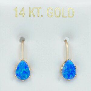 Genuine 1.20 Cts Blue Opal Dangling Earrings 14k Yellow Gold